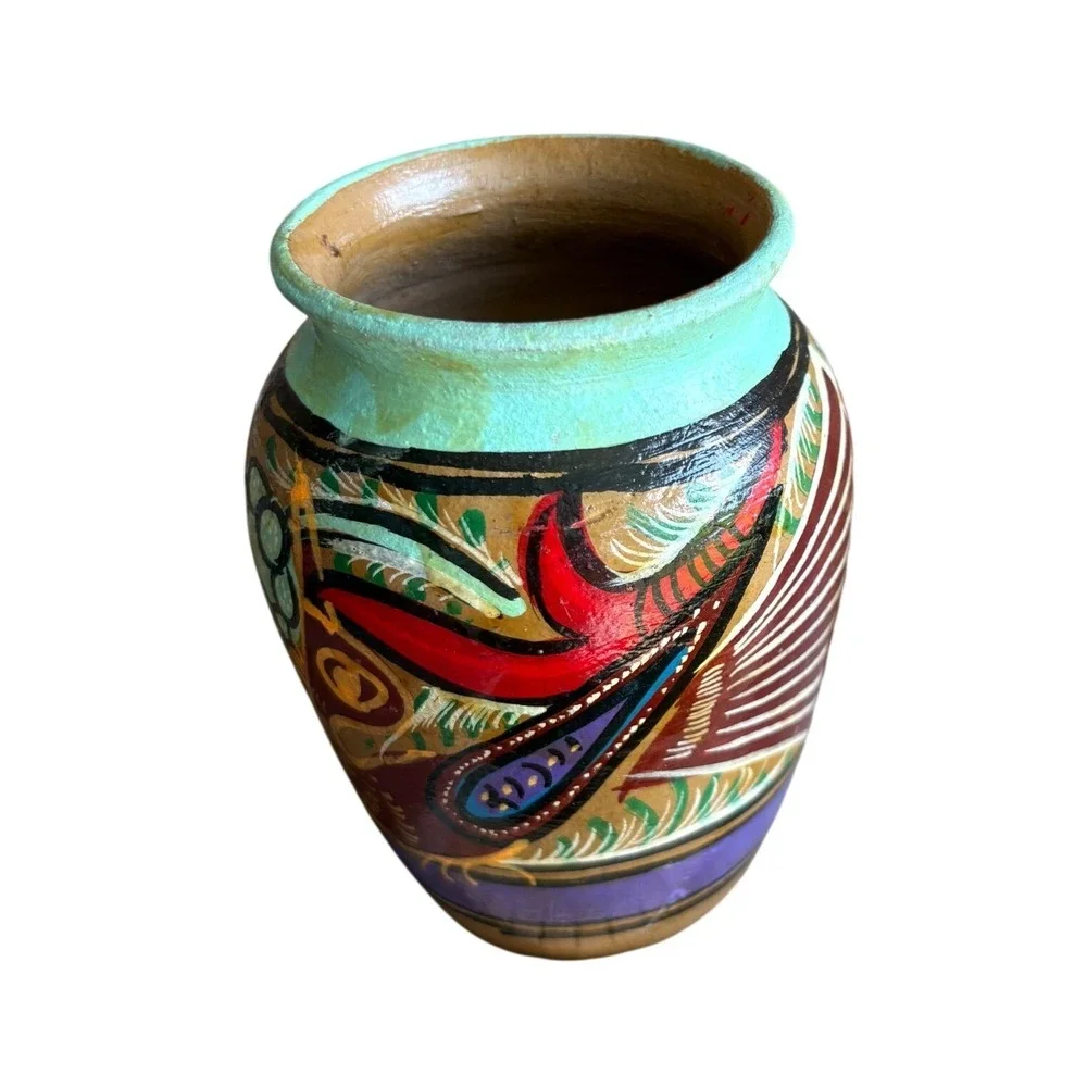 Vtg Mexican Folk Art Pottery Vase Hand Painted Terracotta Red Clay Bird Flower4